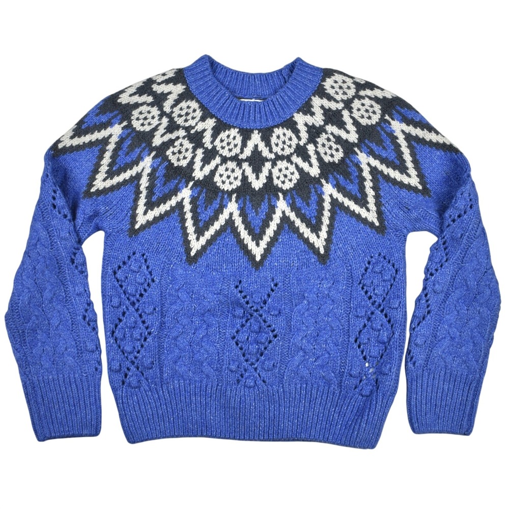 Lucky Brand Crewneck Sweater Womens XS Blue Knit Pullover Oversized Winter Boho